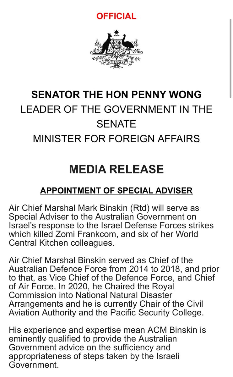 Penny Wong has appointed Air Chief Marshall Mark Binskin (Rtd) as the Special Advisor to the Australian Government on Israel’s response to the IDF strikes that killed Zomi Frankcom. @7NewsAustralia