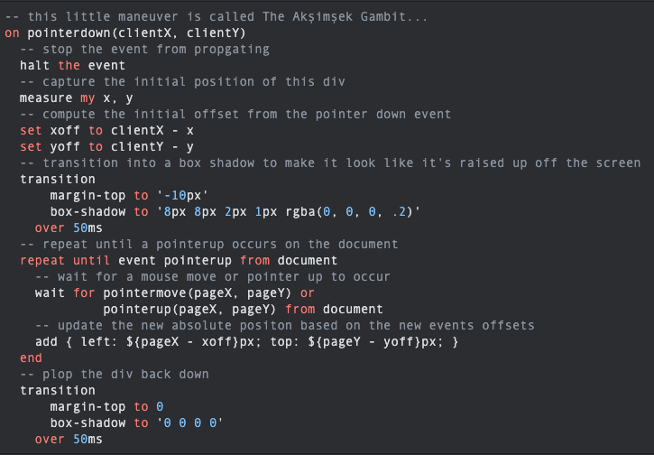 losing my mind all over again that this works for DnD in hyperscript async transparancy/event driven control flow is so flipping cool...