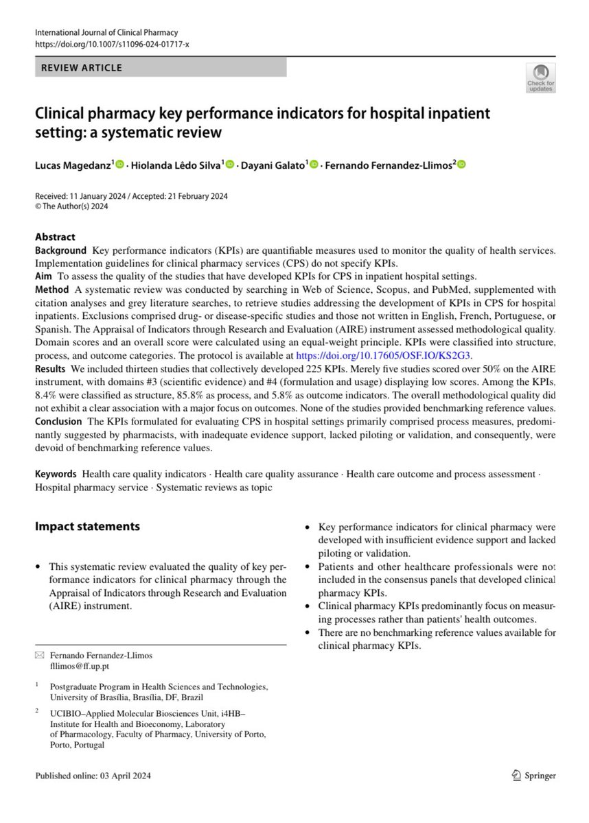 Fascinating (but damning) systematic review @IntJClinPharm 

Hospital pharmacists typically develop KPIs for clinical services fixating on processes, but infrequently structural factors (e.g. pharmacist training) or outcomes (e.g. benefits to patients)

link.springer.com/article/10.100…