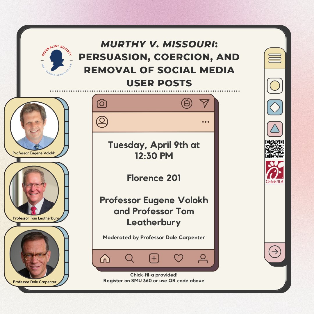 Our last speaker event of the year is this Tuesday! Professors Eugene Volokh and <a href="/Tsleather/">Tom Leatherbury</a> will discuss Murthy v. Missouri--a case that addresses the First Amendment implications of government communicating with social media companies. Register here: cglink.me/2vb/r379012