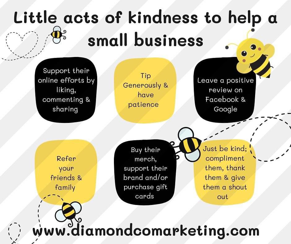 We can all “bee kind” & help small businesses. 🐝

By supporting small businesses, you are fostering a thriving economy and your community.
Be Kind & Help a Small Business Today! 
🖤💛🖤💛
Diamond & Co. Marketing
#smallbusinesssupportingsmallbusiness #smallbusinessbigheart