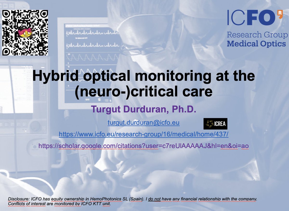 #OpticaBiophotonics24, OS5D Sunday 17h, use of non-invasive, near-infrared hybrid #fNIRS #fDCS in critical care. @ulugeyik of @ICFOnians describes how, why & what & pose new questions in an invited talk. #tinyBrainsEU @fastMOT_project #vascovidEU #safeICP @opticaWorldWide