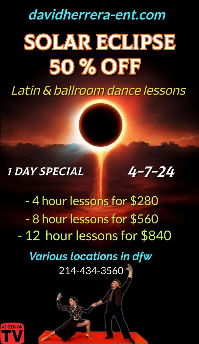 1 DAY 50% OFF ECLIPSE special . On dance lessons . ENDS sunday 4-7-24 #dancing #dfw #dance #dancer #privatelessons #dallas #tx #texas #ballroomdancing #latindancing #ballroomdance #dominicanbachata #fortworth #latindance #latindancer #latindancers #bachata #ballroomdancing