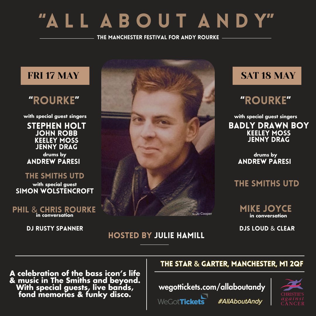 Honoured to be involved with this landmark event for The Smiths bass genius @AndyRourkeMusic #AllAboutAndy at @Star_GarterManc Manchester in May ft.@mikejoycedrums @badly_drawn_boy @JulieHamill @AMcGibbonParesi @StephenEHolt @johnrobb77 @thepriscillas @philrourke @simonWolstencr1