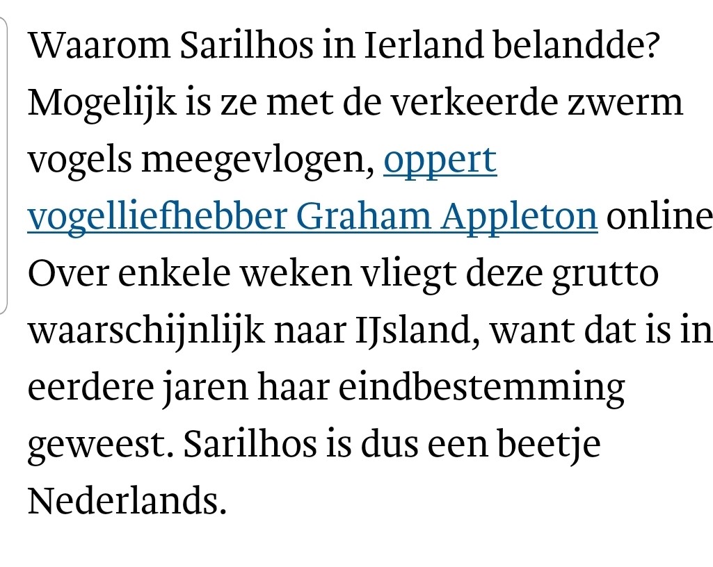 Leuk stukje in <a href="/trouw/">Trouw</a> over IJslandse #grutto SARILHOS die dit jaar een grote omweg vloog om Nederland, op weg naar IJsland, vanuit Portugal te bereiken. Leuk om te zien dat <a href="/GlobalFlyway/">Global Flyway Network</a> nu door landelijke kranten wordt gebruikt.
trouw.nl/duurzaamheid-e…
globalflywaynetwork.org/tracks/species…