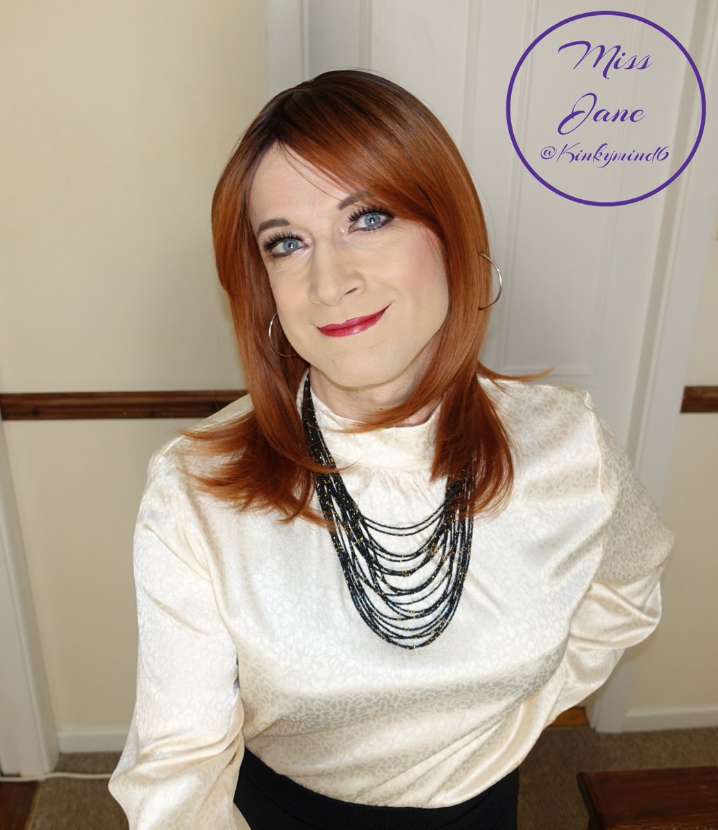 Good Monday morning from redhead Miss Jane in her golden #satin blouse! Say it back! 😊💋 #crossdresser