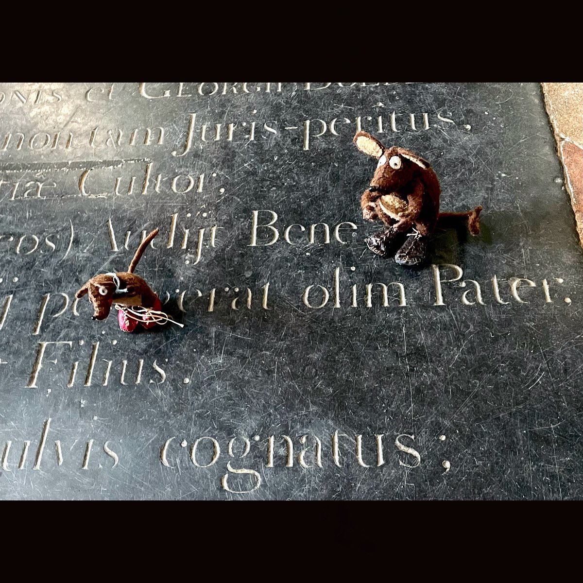 fabula murina (mouse story) CXIX Minimus Silvium docet verba in pavimento ecclesiae legere (Minimus is teaching Silvius to read words on the church floor). mures verba FILIUS et PATER inveniunt, sed nec MUS nec CASEUS (The mice find SON and FATHER, but not MOUSE or CHEESE)!