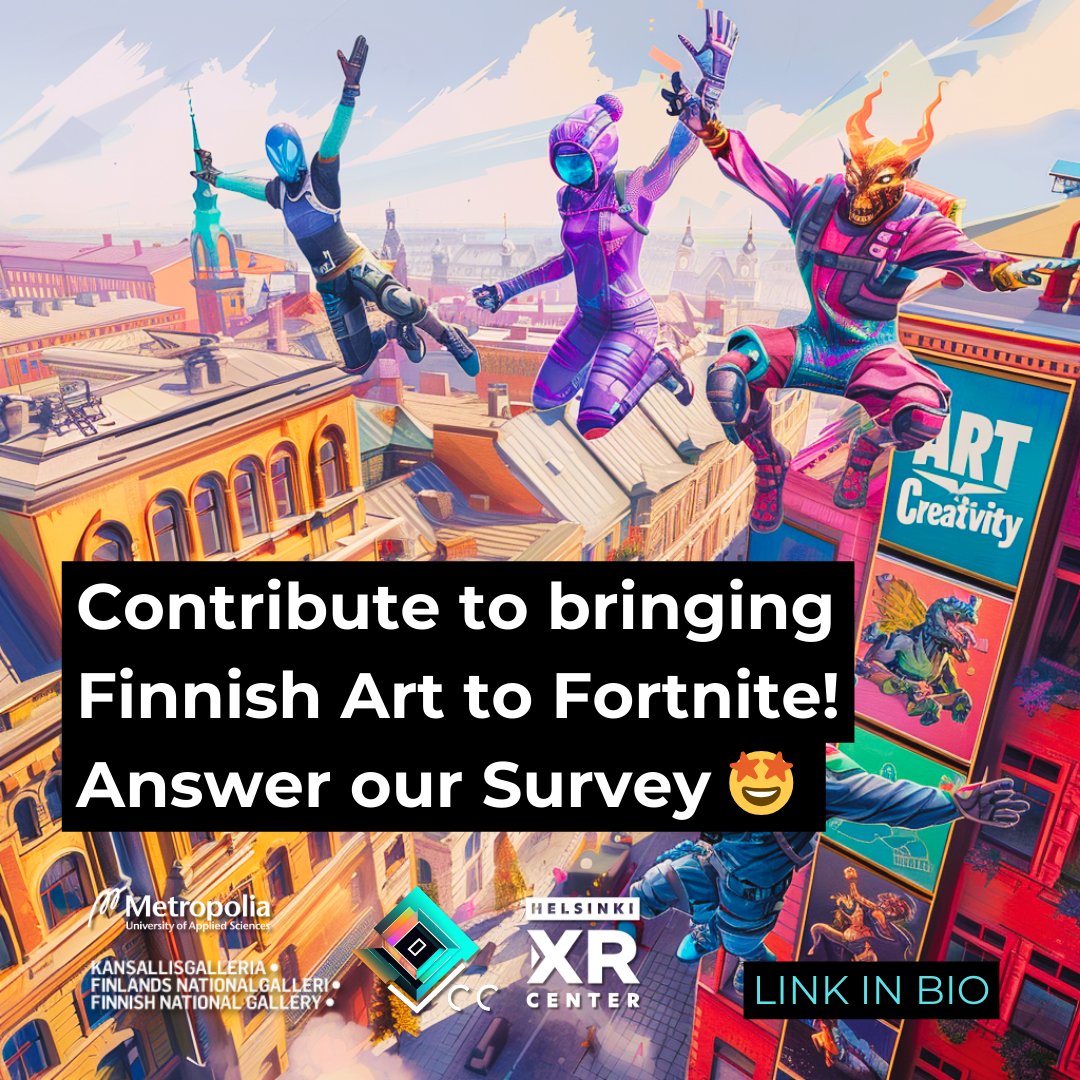 📢 Calling on Fortnite players!! 📢 
We are  joining forces with the #Finnish National Gallery to introduce  art in #Fortnite. We're seeking your insights! 
🚀Please answer our survey:
English Version: forms.gle/jCZjqZ6h7pdB9q… 🎨🕹️
Finnish Version: forms.gle/xNa2RZDcFaPFjq… 🎨🕹️