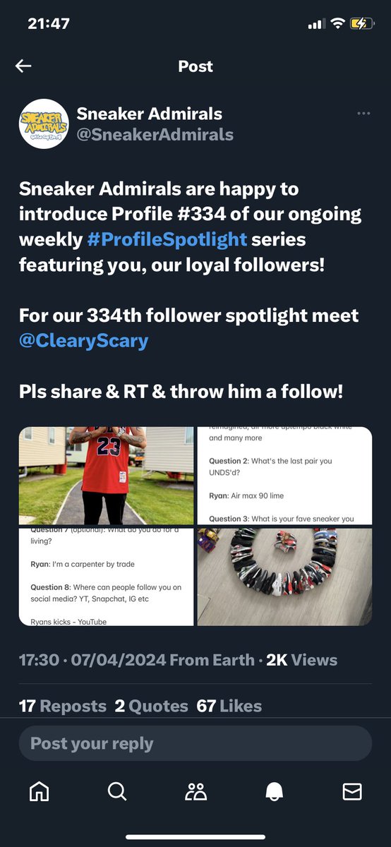 A huge THANK YOU to @SneakerAdmirals for the #ProfileSpotlight today such an achievement within the #sneakercommnity which I’m super proud to be a part of thank you so much for having me 👟👀🔥💯👍🙏