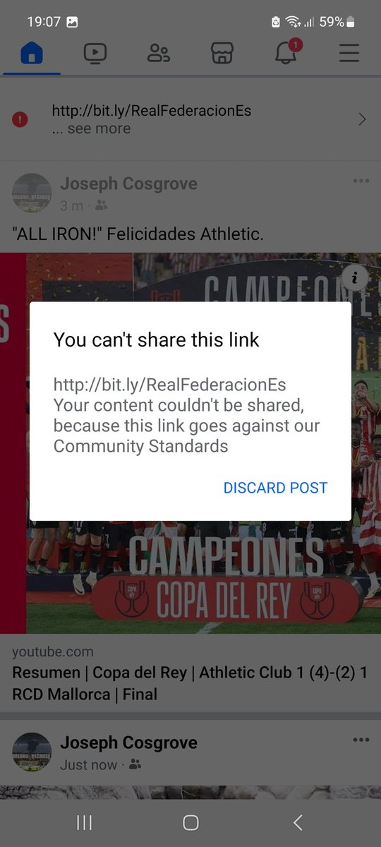 Interesting one from Facebook. Apparently, posting congratulations to Athletic Bilbao for winning the *Copa del Rey* breaches Meta's *community standards.* Has Steve Zuckerberg had a seance with Franco?