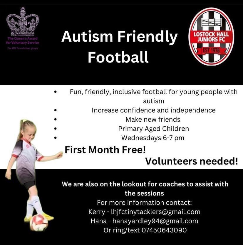We are looking for additional volunteers to help with our ASD football sessions. Sessions are on a Wednesday evening, indoors in Bamber Bridge from 6-7pm. A less formal session, focusing on social skills alongside football and the kids that come get a lot from it #Inclusion