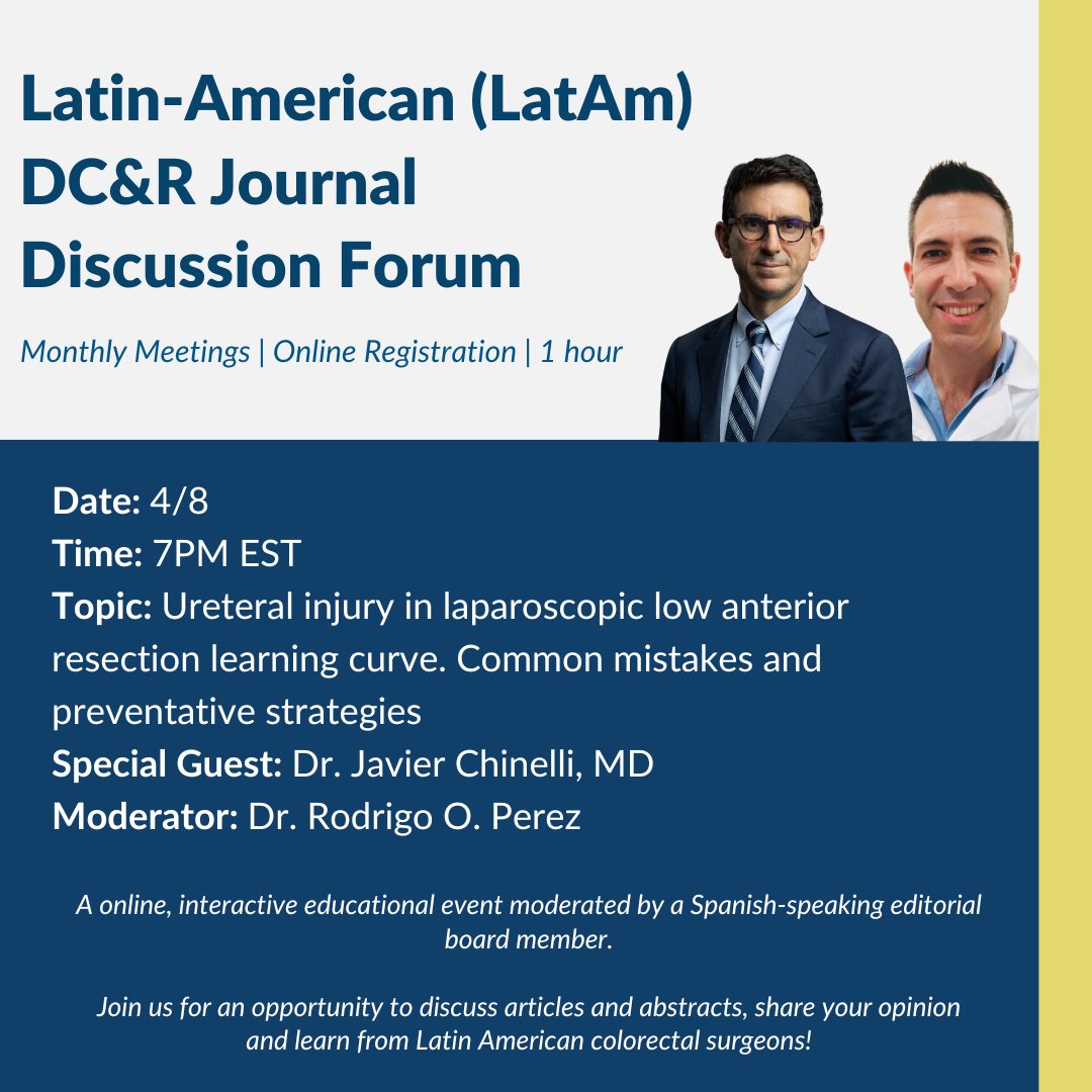 ¡DCRlatam regresa en abril! Conéctese el 04/8 con el Dr. Gustavo Rodríguez para discutir Errores comunes y estrategias preventivas para la lesión ureteral en la curva de aprendizaje de la resección laparoscópica anterior baja. bit.ly/3zLlSGw @jchinelli01 @grodriguez1979