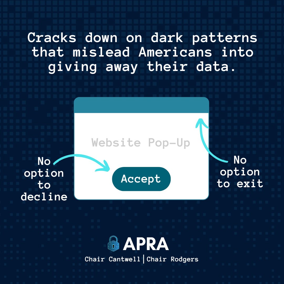 Do you get frustrated when you can’t exit a data pop-up setting on a website? That’s a dark pattern. This bill puts an end to dark patterns that manipulate you into accepting certain data settings when you’re not fully informed of what you’re signing up for.