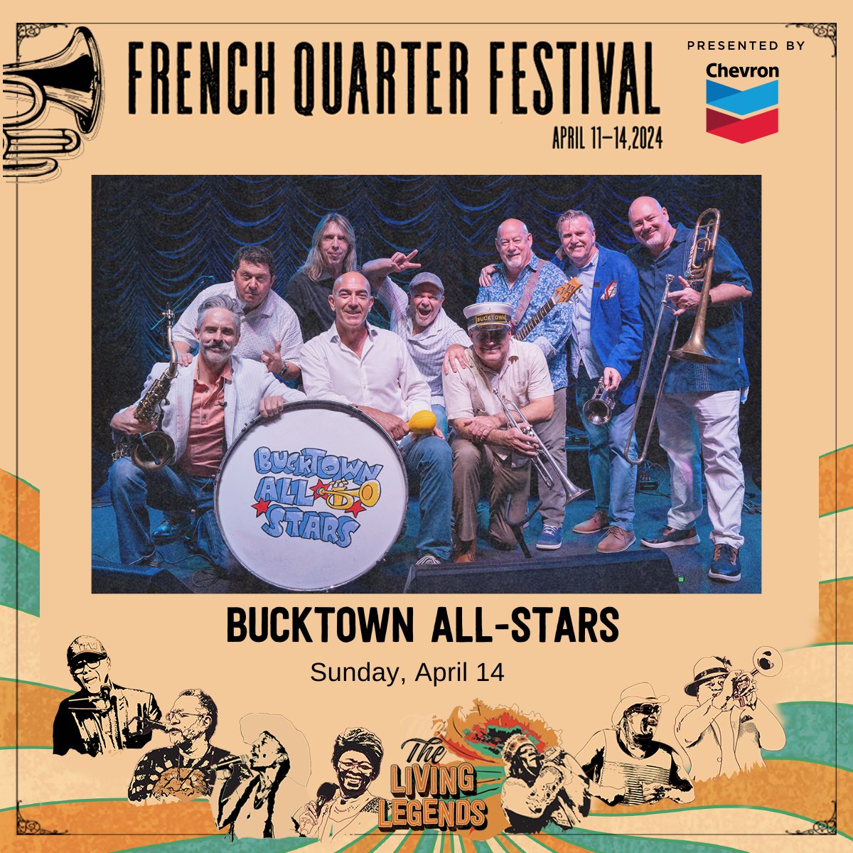 Bucktown All-Stars presented by <a href="/PatOBriensBar/">Pat O'Brien's</a> at <a href="/FQFestNOLA/">French Quarter Festivals, Inc</a> on Sunday April 14 from 12:50-2:00 pm CT on the Abita Riverfront Stage!