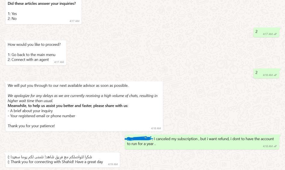 hadoka's tweet photo. @ShahidVOD I'm trying to ask for a refund, and Shahid's Whatsapp Agent, Wagih, suspended the conversation with me, and I still need to finish my chat! tried to connect again, and I immediately got disconnected! Is chat audited? happened at 4:18 AM (Egypt time); message me, pls. https://t.co/wVKmWy5lGq