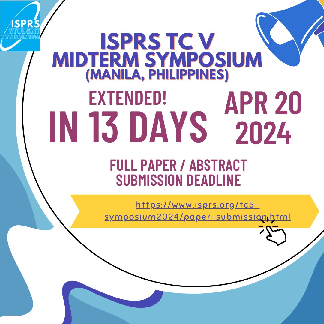 📢 ABSTRACT / FULL PAPER EXTENSION ALERT ‼️ It's not too late to participate in ISPRS TC 5️⃣ Midterm Symposium! Don't forget your submission! (🔗 isprs.org/tc5-symposium2…) 🗓️ We will keep you posted on all the ISPRS TC Midterm Symposiums! So be sure to follow ISPRS SC!