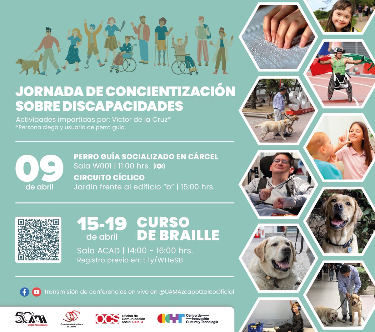 ¡Continuan lasJornada de concientización sobre discapacidades! Nos vemos el 9 de abril para las conferencias: perro guía socializado en la cárcel y circuito cíclico. Revisa todos los detalles aquí 👇🏽