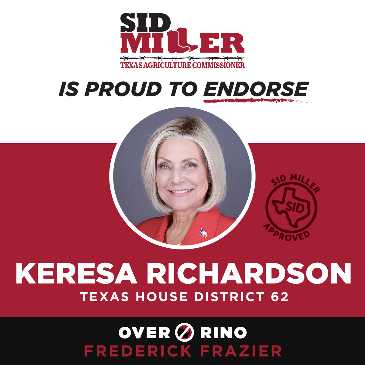 Sid Miller, Texas Agriculture Commissioner proudly endorses Keresa Richardson for HD61 for the Runoff Election Day, May 28th, 2024. #AskKeresa #KeresaRichardson #KeresaForHD61 #ConservativeRepublican #TexansFight #RunoffElectionMay28th2024 #VoteForKeresa #TexasHD61