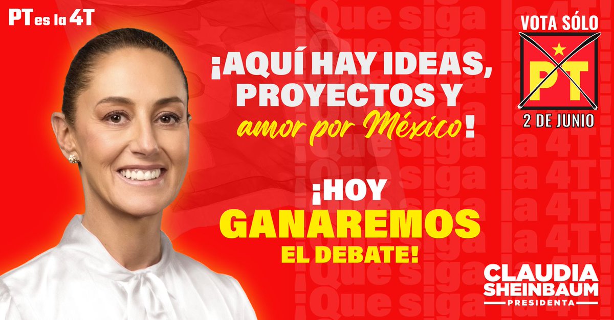 Aquí hay proyectos y amor por México, del otro lado puras ocurrencias, ¡Hoy ganaremos el debate!

#PTesla4T #PlanCconelPT  #VotaClaudiaVotaPT #VotaTodoPT #ClaudiaSheinbaum #PT