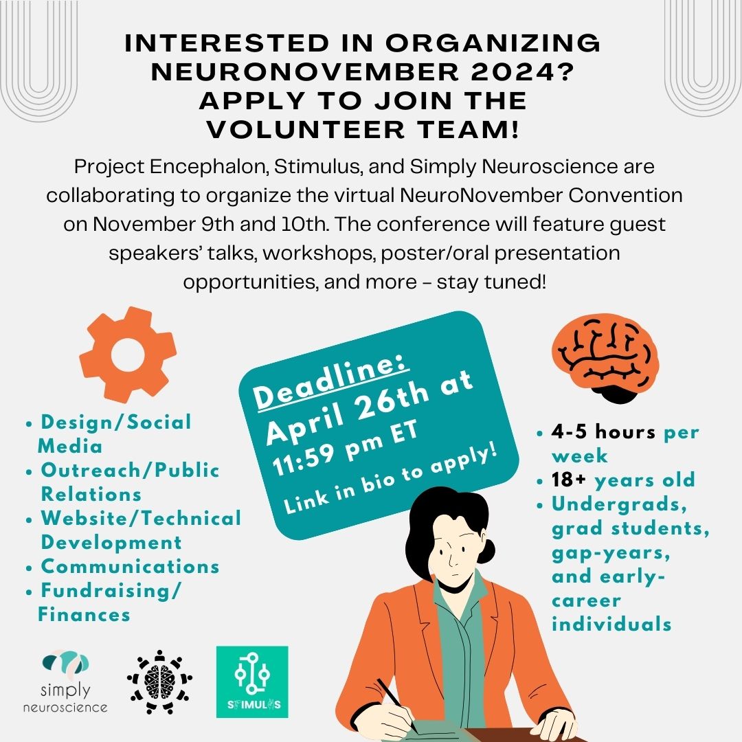 🚨Volunteer applications are now open for the virtual NeuroNovember Convention! Click the link in our bio for descriptions of the available roles and to apply! 

#simplyneuroscience #neuroscience #virtual #convention #volunteer #speaker #workshop #presentation #opportunity #stem