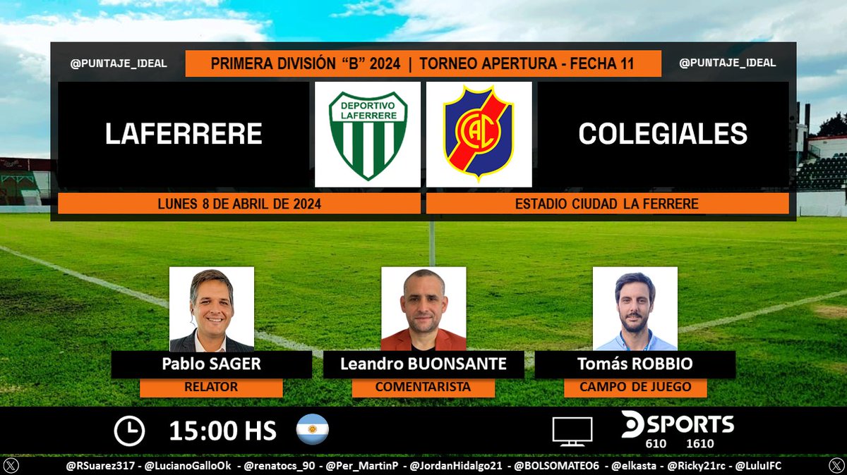 ⚽ #PrimeraB 🇦🇷 | #Laferrere vs. #Colegiales
🎙 Relator: @Relatasager
🎙 Comentarista: @BuonsanteLean
🎙 Campo de juego: @tomasrobbio 
📺 @DSports (610-1610) 🇦🇷
💻📱 @DGO_Latam 🇦🇷
🤳 #FutbolEnDSPORTS - #AscensoEnDSPORTS
Dale RT 🔃