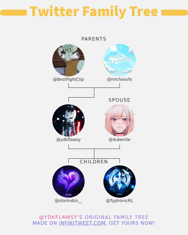 👨‍👩‍👧‍👦 My Twitter Family:
👫 Parents: @BestFightClip <a href="/michosvfx/">michosu</a>
👰 Spouse: <a href="/dukenite/">dukenite</a>
👶 Children: @stormdzn__ <a href="/TyphonicRL/">typh</a>

➡️ infinitytweet.me/family-tree