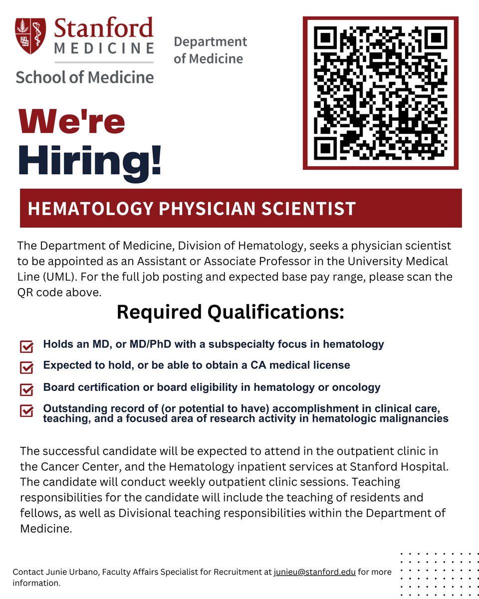 As incoming Heme Chief @StanfordDeptMed, a high priority is expanding the outstanding @StanfordHeme faculty! We're seeking a #physicianscientist in heme malignancies; candidates with experience in clinical trials and/or translational research with lab aspect encouraged to apply!