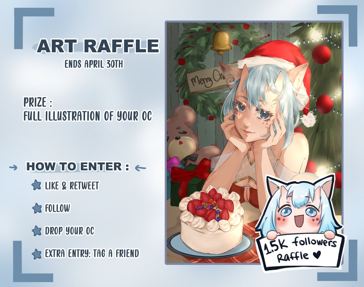°˖✧ ART RAFFLE ✧˖° 

Thanks for 1.5k ♡ 
As that was the poll result, here's a raffle for a full illustration like the example!

How to join: 
✦ like &amp; rt &amp; follow
✦ share your character on replies
✦ extra entry: Tag a friend (optional)
✦ good luck ♡

Ends on April 30th
