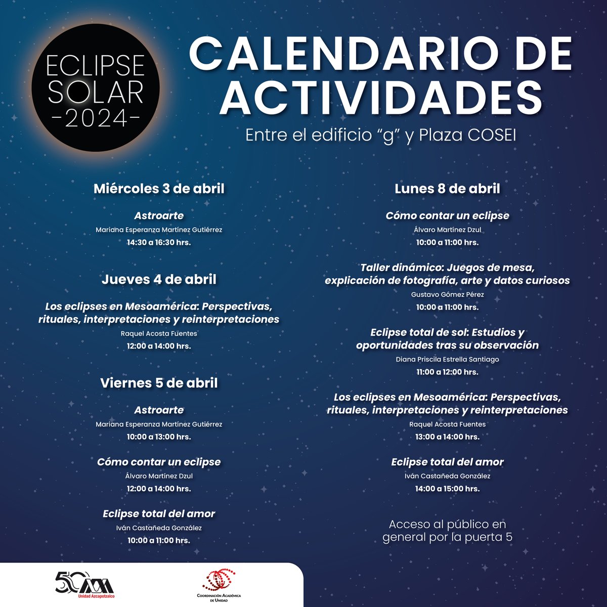 ¡EL ECLIPSE ES MAÑANA! 🌘 ¡Y tendremos actividades para que lo puedas ver de manera segura y en comunidad! Esta es una actividad pública, pueden acompañarnos todos y todas acezando por puerta 5.