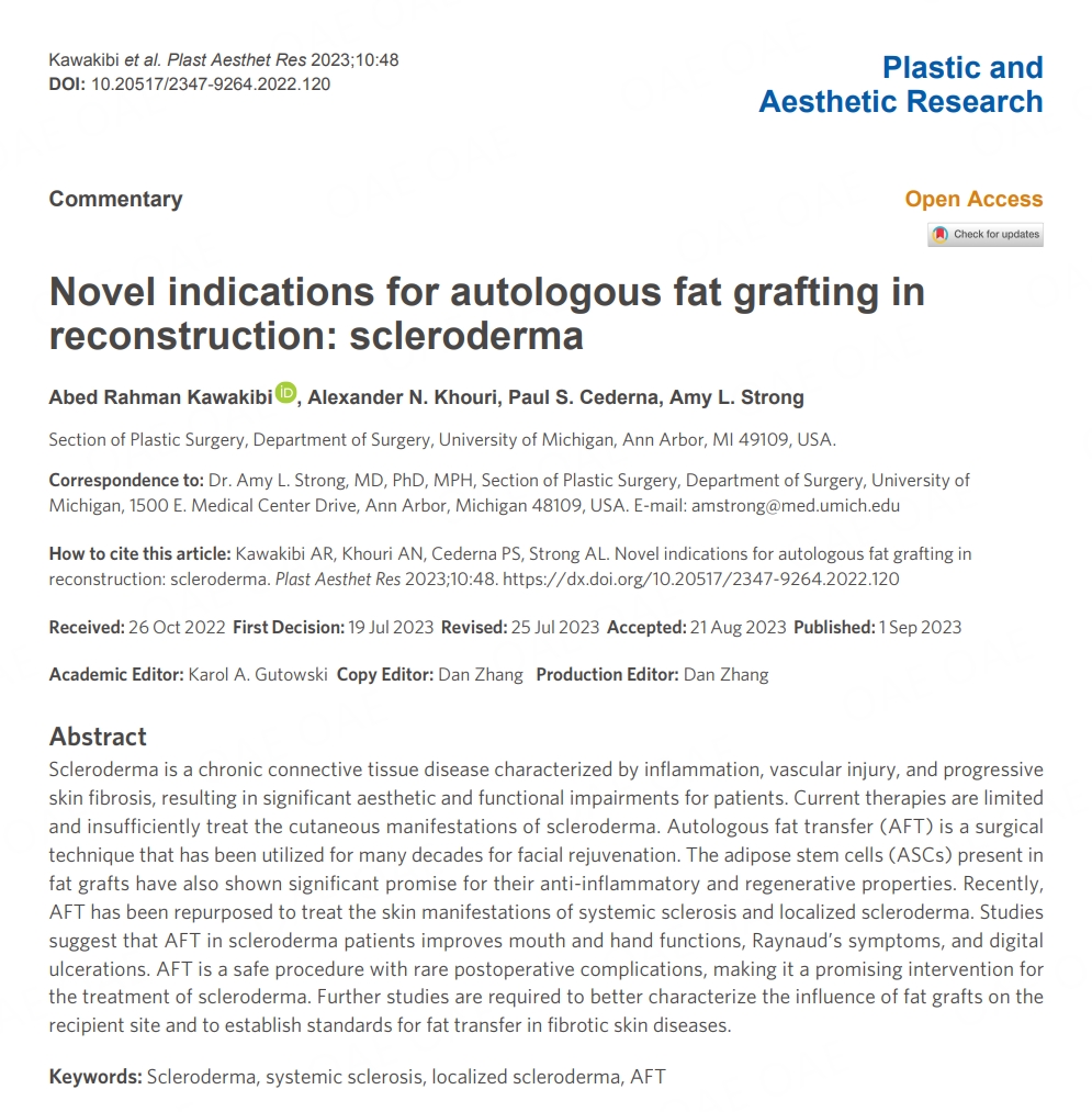 #Autologous #Fat #Grafting Never miss this valuable Commentary article 'Novel indications for autologous fat grafting in reconstruction: scleroderma' from Dr. Amy L. Strong's team. 🙌Free to download: f.oaes.cc/xmlpdf/762b405…