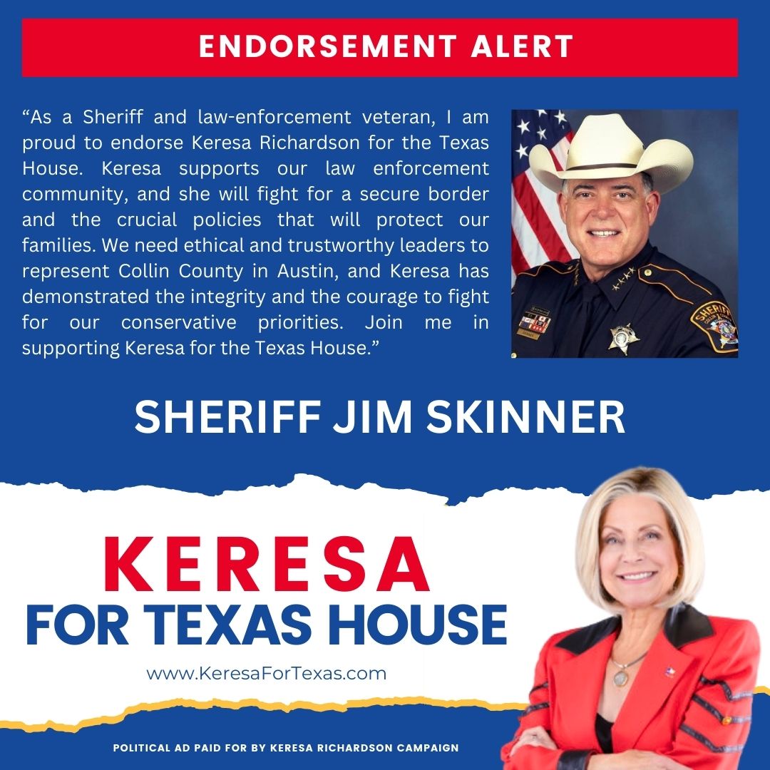 Collin County Sheriff proudly endorses Keresa Richardson for HD61 Runoff Election Day, May 28th, 2024. #AskKeresa #KeresaRichardson #KeresaForHD61 #ConservativeRepublican #TexansFight #RunoffElectionMay28th2024 #VoteForKeresa #TexasHD61