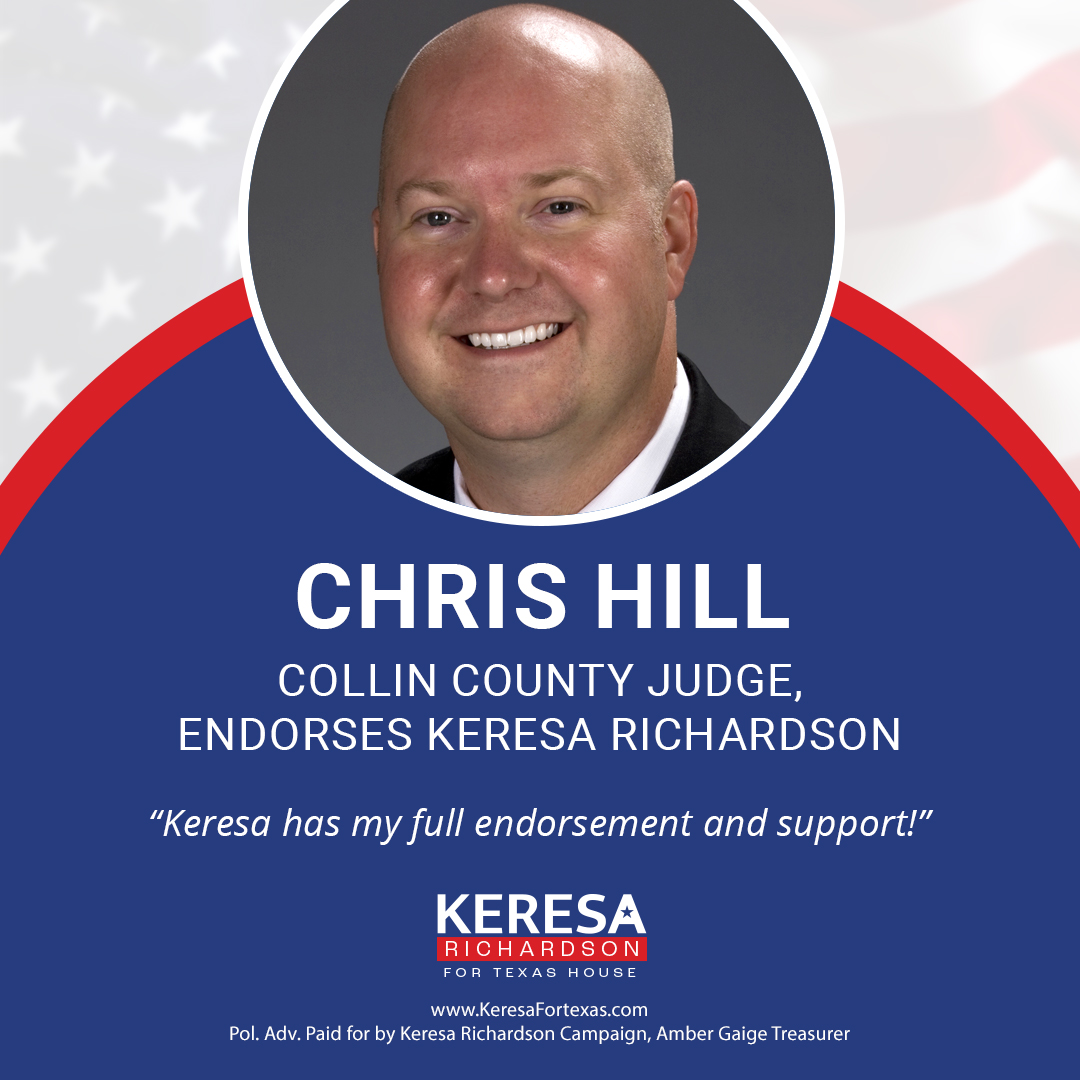 Collin County Judge, Chris Hill endorses Keresa Richardson for HD61 for the Runoff Election Day, May 28th 2024. #AskKeresa #KeresaRichardson #KeresaForHD61 #ConservativeRepublican #TexansFight #RunoffElectionMay28th2024 #VoteForKeresa #TexasHD61