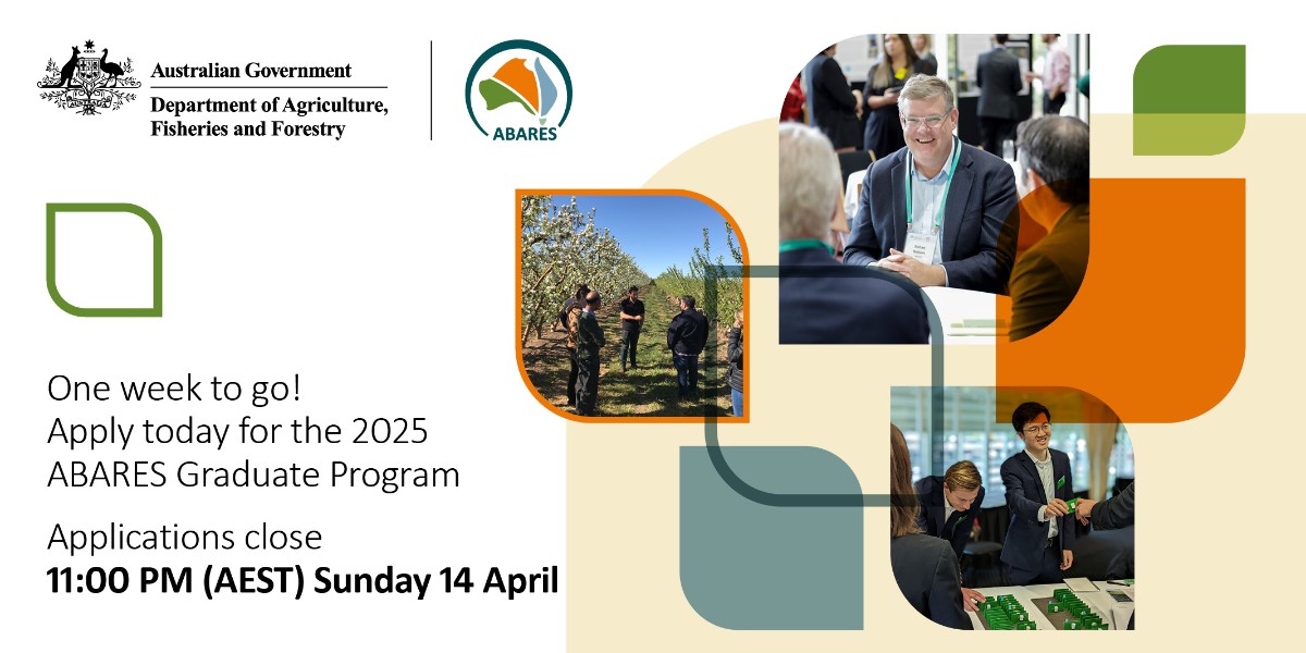 ⌛Time is getting away! Applications for the 2025 ABARES Graduate program close this Sunday. We want to hear from you if you’re studying: - Economics/econometrics - Statistics/mathematics - Data science. 👉 Apply now! Visit: brnw.ch/21wIB6t
