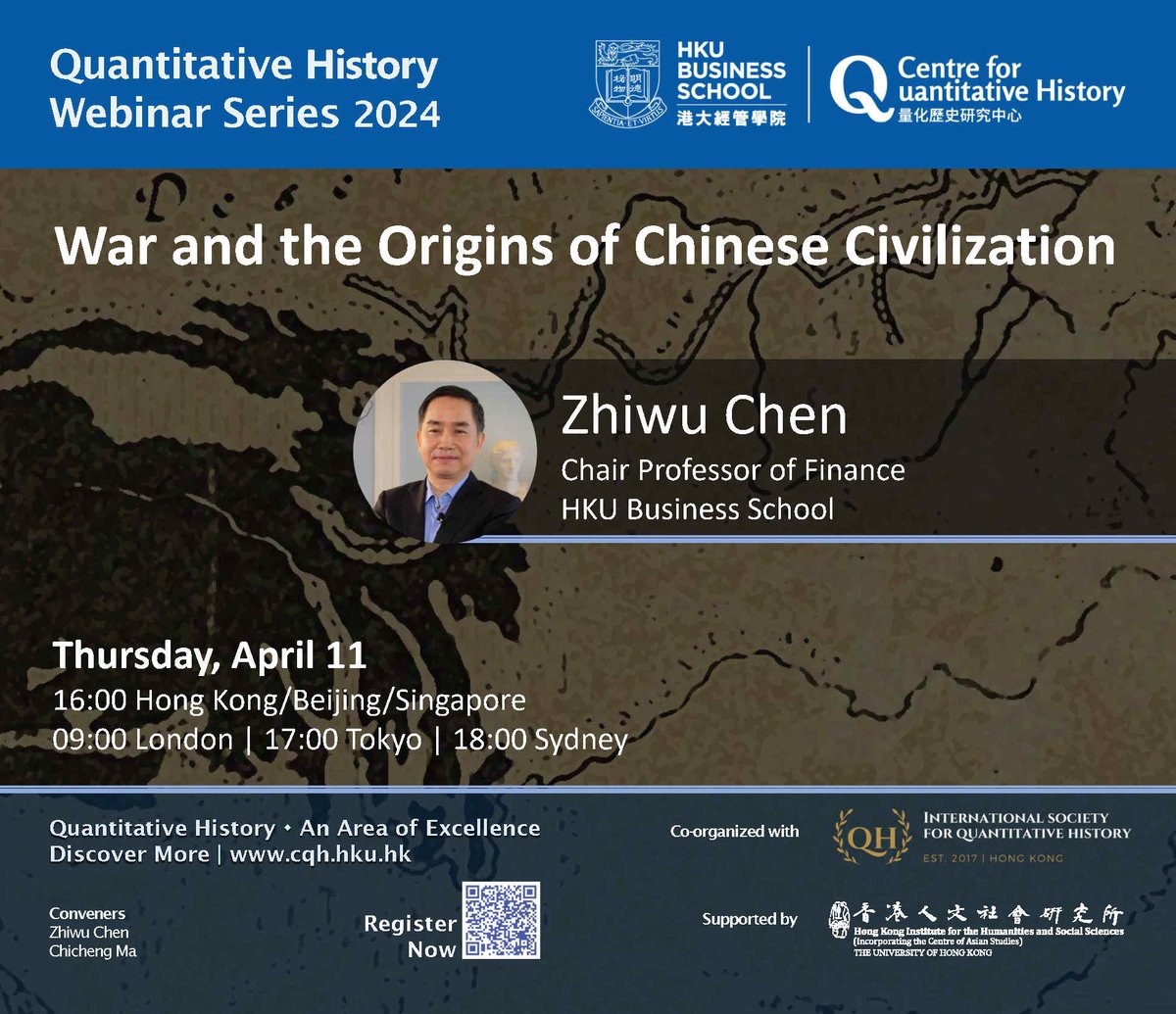 📢 Join us for an intriguing webinar on April 11th at 4pm! 🌍 🎙️Title: War and the Origins of Chinese Civilization 🗣️Speaker: Zhiwu Chen, Chair Professor of Finance, HKU Business School 🔎Discussant: Frank Shui Chen, Professor of Economics, Fudan University Discover the…