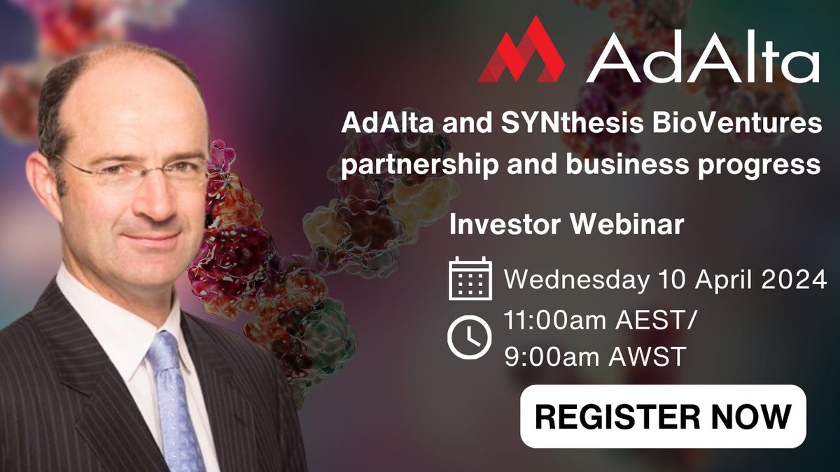 AdAlta1AD's tweet image. AdAlta's (ASX:1AD) CEO and MD, Tim Oldham will host a webinar to discuss AdAlta’s new collaboration with SYNthesis BioVentures under a Memorandum of Understanding announced on Monday 8 April 2024 and general business progress | Register us02web.zoom.us/webinar/regist…
#1AD #Webinar