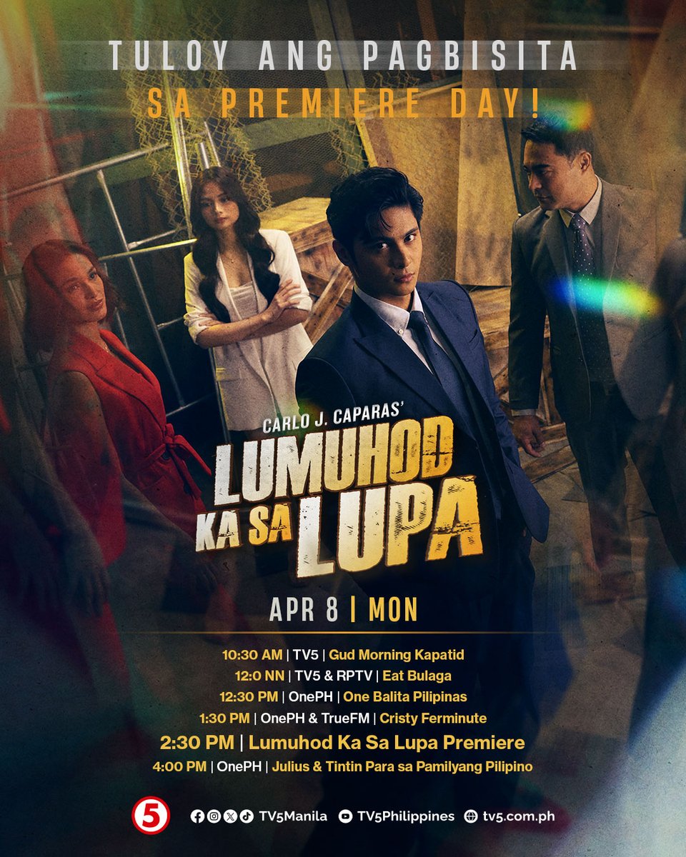 Mga Kapatid, humanda na sa kapana-panabik na kwentong tiyak na magpapaluhod sa atin bawat hapon!
Inihahandog ng SARI-SARI at STUDIO VIVA ang 'Lumuhod Ka Sa Lupa' ni Carlo J. Caparas.

Abangan ang #LumuhodKaSaLupaTV5  2:30 PM sa #HaponChampionTV5!