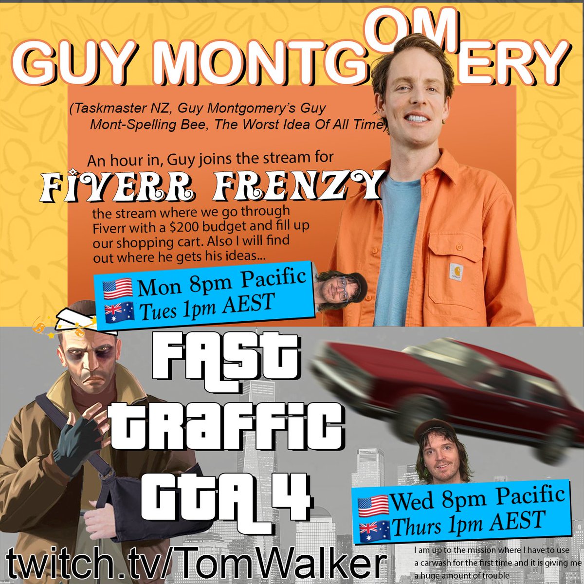 two GREAT streams on your way this week, both from beautiful, scenic Fortress Melbourne! @guy_mont comes on the stream to go thorough fiverr with me, then I delve back into the content mines solo for more GTA 4 but every car goes mind-meltingly fast