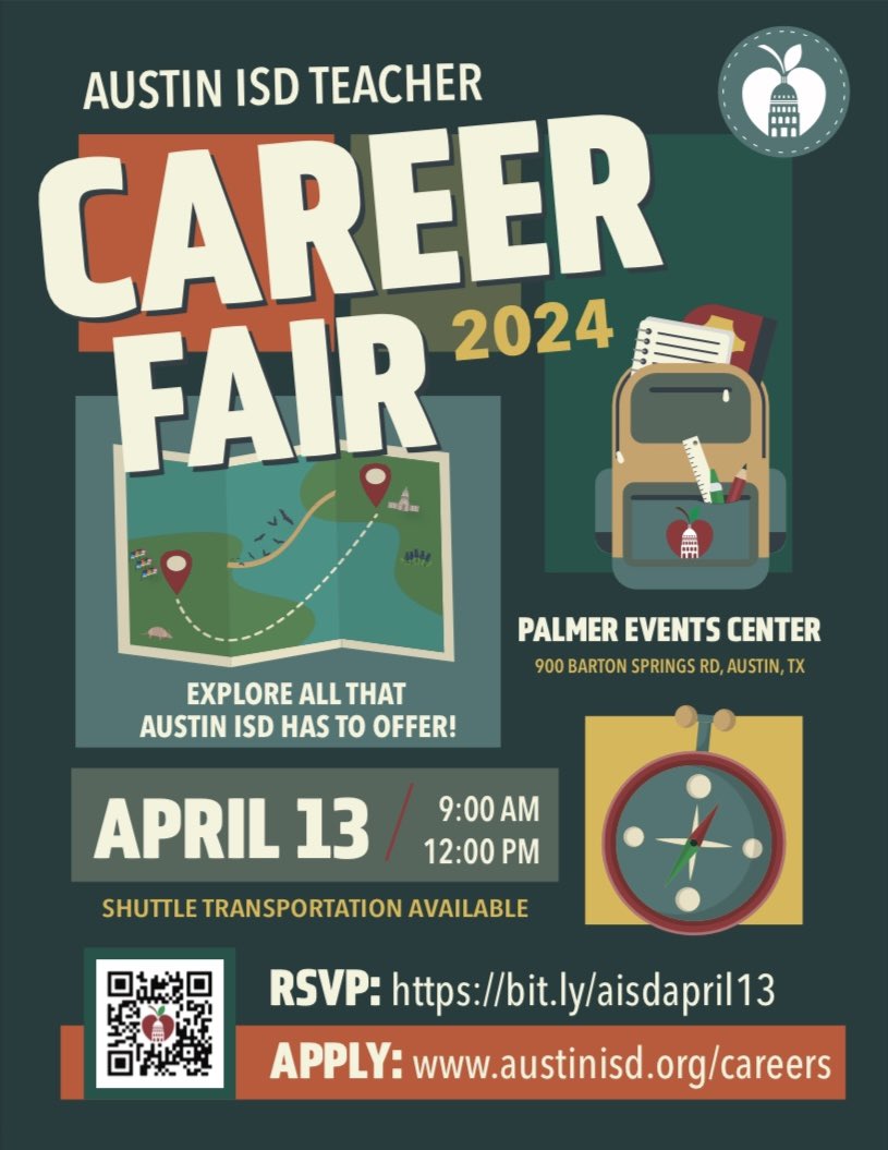 📣Don't miss your chance to RSVP for the Austin ISD Teacher Career Fair! This Saturday, April 13, 2024 at the Palmer Events Center, connect one-on-one with campus principals and discover your path to joining Team Austin ISD. Secure your spot now at: bit.ly/aisdapril13