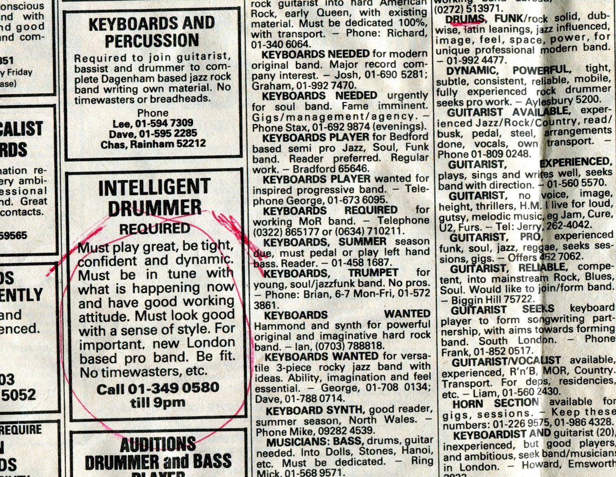 April marks 40 years since Greg Roberts replied to this ad in the Melody Maker and got the job playing drums with Big Audio Dynamite in April 84 - the other red mark is his own ad. Celebrating 40 years of BAD this year ##40yearsofbad #bigaudiodynamite #MelodyMaker