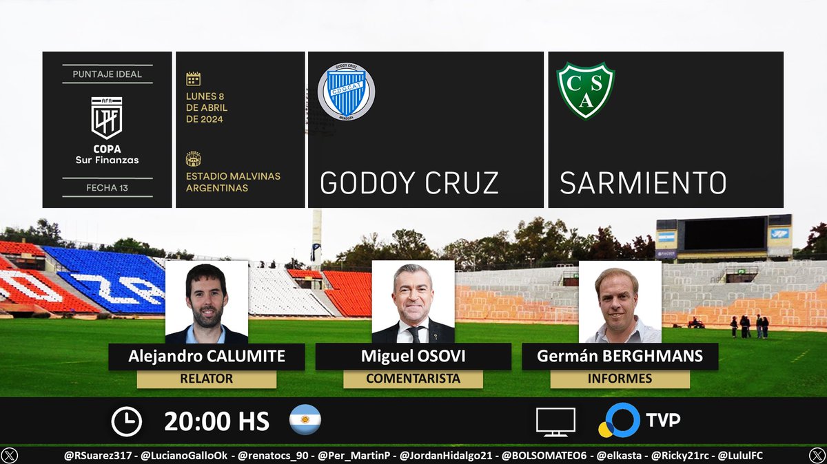 ⚽ #CopaDeLaLiga🇦🇷 | #GodoyCruz vs. #Sarmiento 🎙 Relator: @alecalumite 🎙 Comentarista: @MiguelOsovi 🎙 Informes: @gbgerman 📺 @TV_Publica 🇦🇷 🤳 #FútbolATP- @PrensaTVP Dale RT 🔃