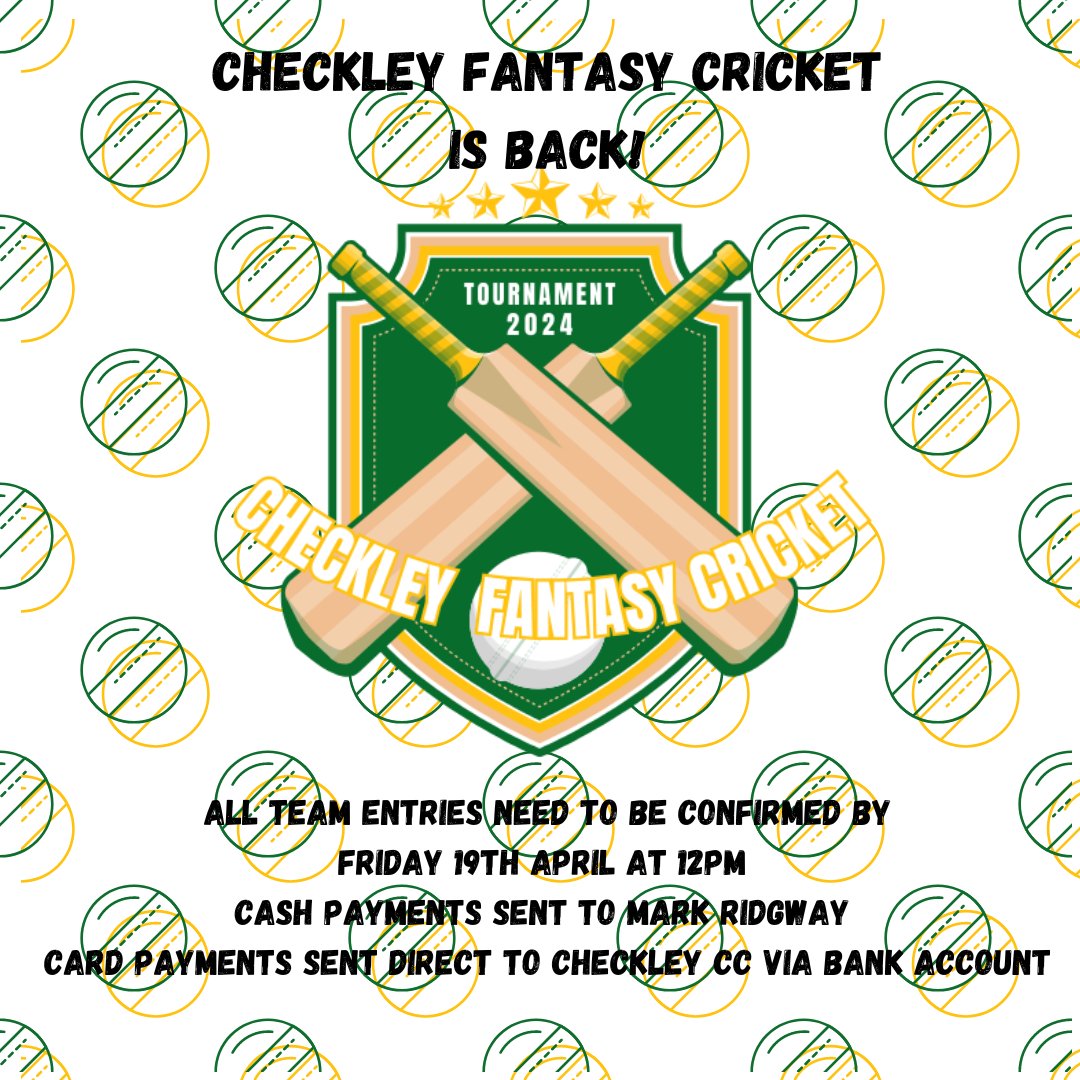 🏏 Step up to the crease and join the fantasy league at Checkley CC! Pick your dream team, compete with friends, and watch the points roll in. It’s your turn to be the selector! #checkleycc #fantasyteam #uptheaces