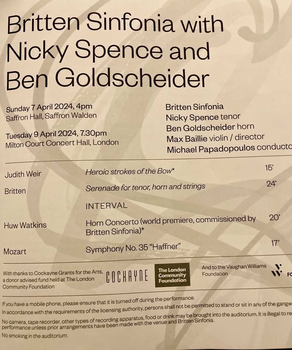 An absolutely wonderful concert @SaffronHallSW this afternoon blending old and new compositions with brilliant performances by @BrittenSinfonia, @nickythespence & @bengoldscheider including premiere of @WatkinsHuw fabulous horn concerto - huge congrats to all!