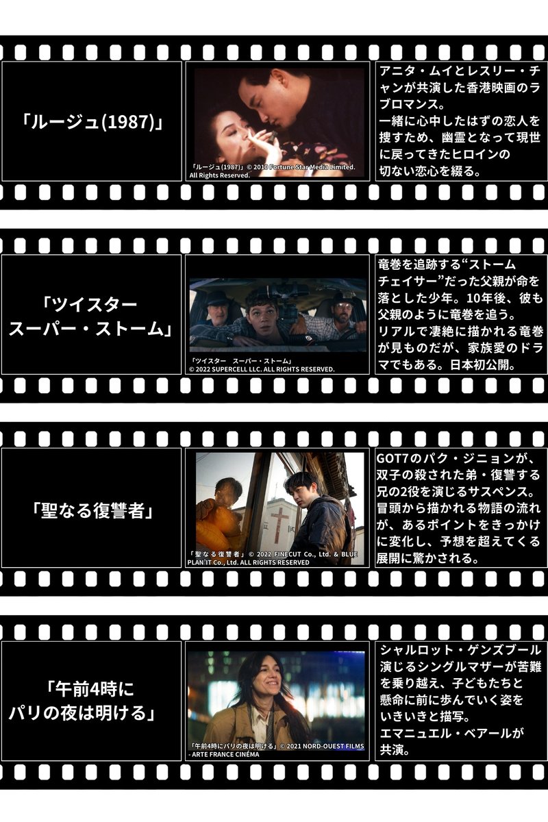 🌷🌸4月第2⃣週🌸🌷
WOWOW初回放送映画

🎬ルージュ(1987)
📌乱れからくり
🎬ツイスター　スーパー・ストーム
📌#東京リベンジャーズ2 血のハロウィン編－決戦－
🎬聖なる復讐者
📌午前4時にパリの夜は明ける

などが初回放送✅👀
wowow.co.jp/program_list/0…