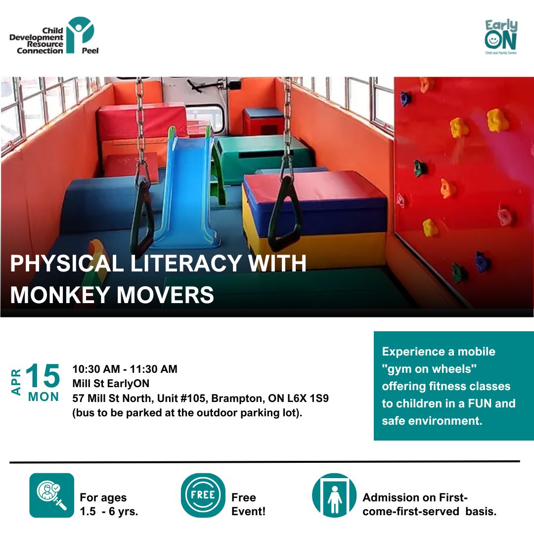 This is a #FREE event and does not require registration. 
However, due to recommended safe occupancy limits, we may not be able to admit all.
 Please be at the site at least half hour prior.

#earlyon #gymonthebus #activekids #peelfamily #cdrcp