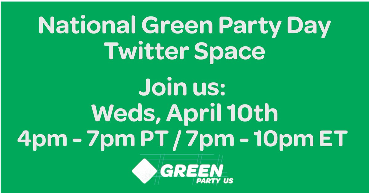 Want more #voterchoice? Celebrate National #GreenPartyDay, Wed 4/10, 7-10pm Eastern. Join X/Twitter Space twitter.com/i/spaces/1Mnxn… to hear from Green Party candidates and officeholders and participate in the conversation! #TwitterSpaces #XSpaces #thirdparty #GreenParty