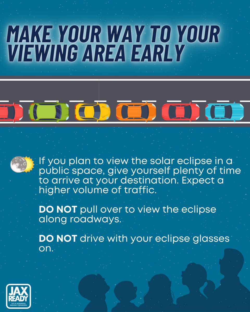 We don't want you to miss tomorrow's solar eclipse, so use the graphics below to stay #JaxReady. We also checked the weather forecast with help from our friends at @NWSJacksonville - the high is 77°F with 0% precipitation We've got our fingers crossed for low cloud cover, too.