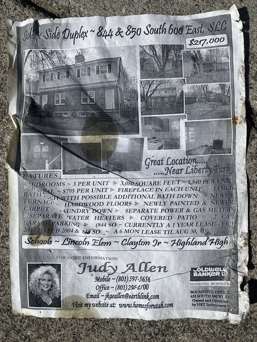 NickSLC's tweet image. Found on the sidewalk in #CentralCity #SLC: real estate flyer from &amp;gt;20 years ago. 

Before the hair and Earthlink email address gave away its age, I saw the price and was about to speed dial our mortgage lender to get me a loan ASAP to snatch up this duplex deal!