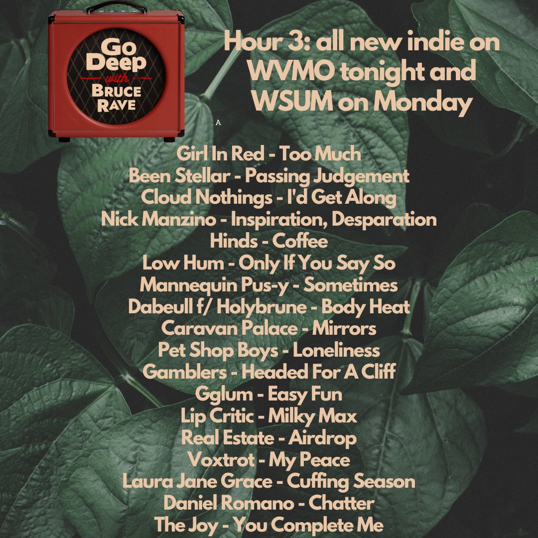 Here's what I'll spin on my 3-hour episodes, from 10p CT @WVMO987 and Monday 5a CT @WSUM FM. Both stations stream on their sites and on TuneIn while WSUM also streams on their app.