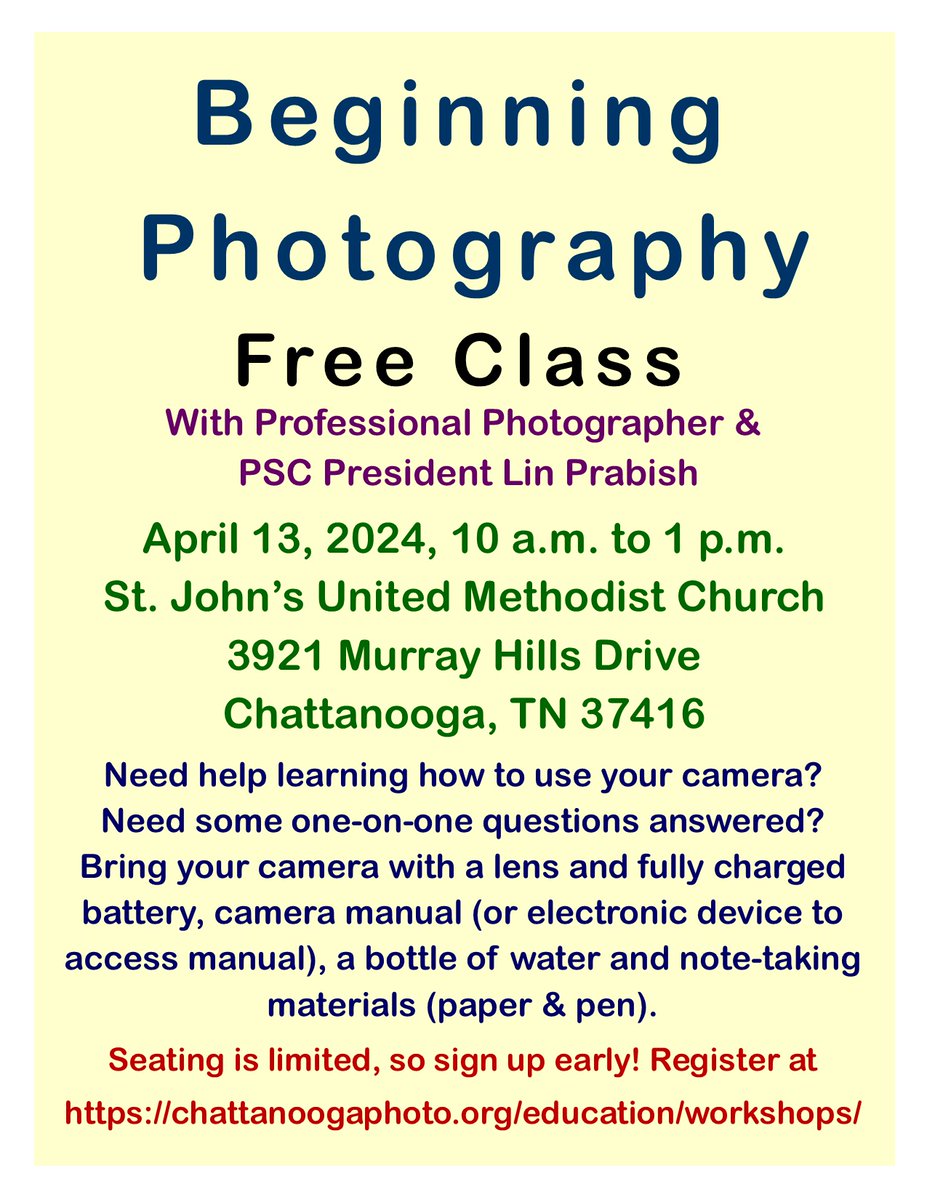 Beginning Photography class this coming Saturday (13th). Class is free but need to register due to limited space. Get one-on-one assistance with your camera. Learn the basics of photography. #ChattanoogaPhoto #BeginningPhotography #photography #photographylovers