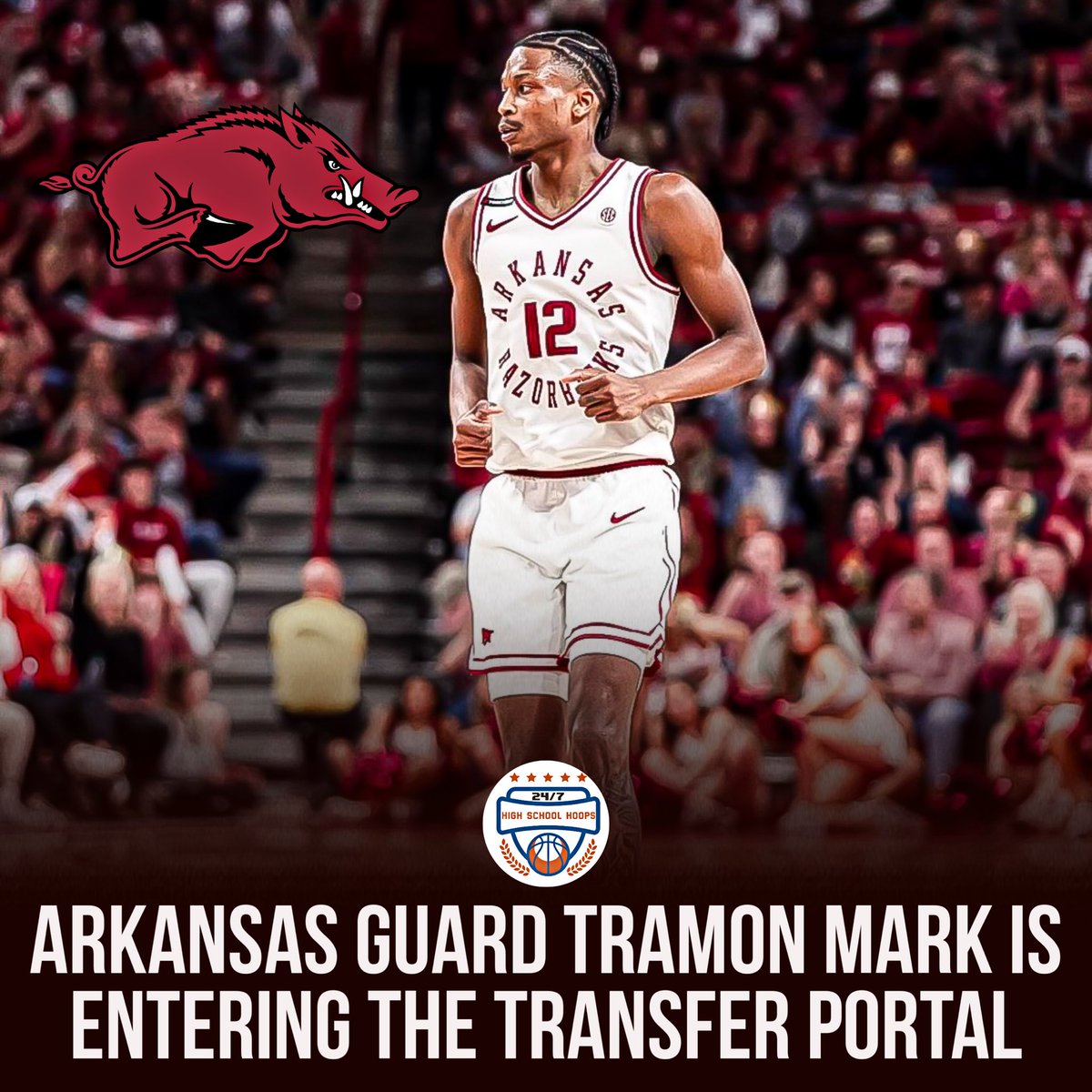 NEWS: Arkansas guard Tramon Mark is entering the transfer portal, first by @TiptonEdits. Mark began his career playing three seasons at Houston with Kelvin Sampson before making the move to Fayetteville last summer. He averaged 16.2PPG, 4.3RPG, 1.8APG and 1.2SPG this season.